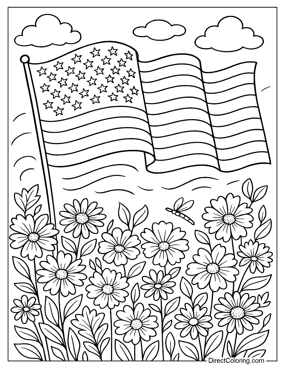 coloring page The American flag is blowing in the wind, surrounded by blooming flowers symbolizing gratitude